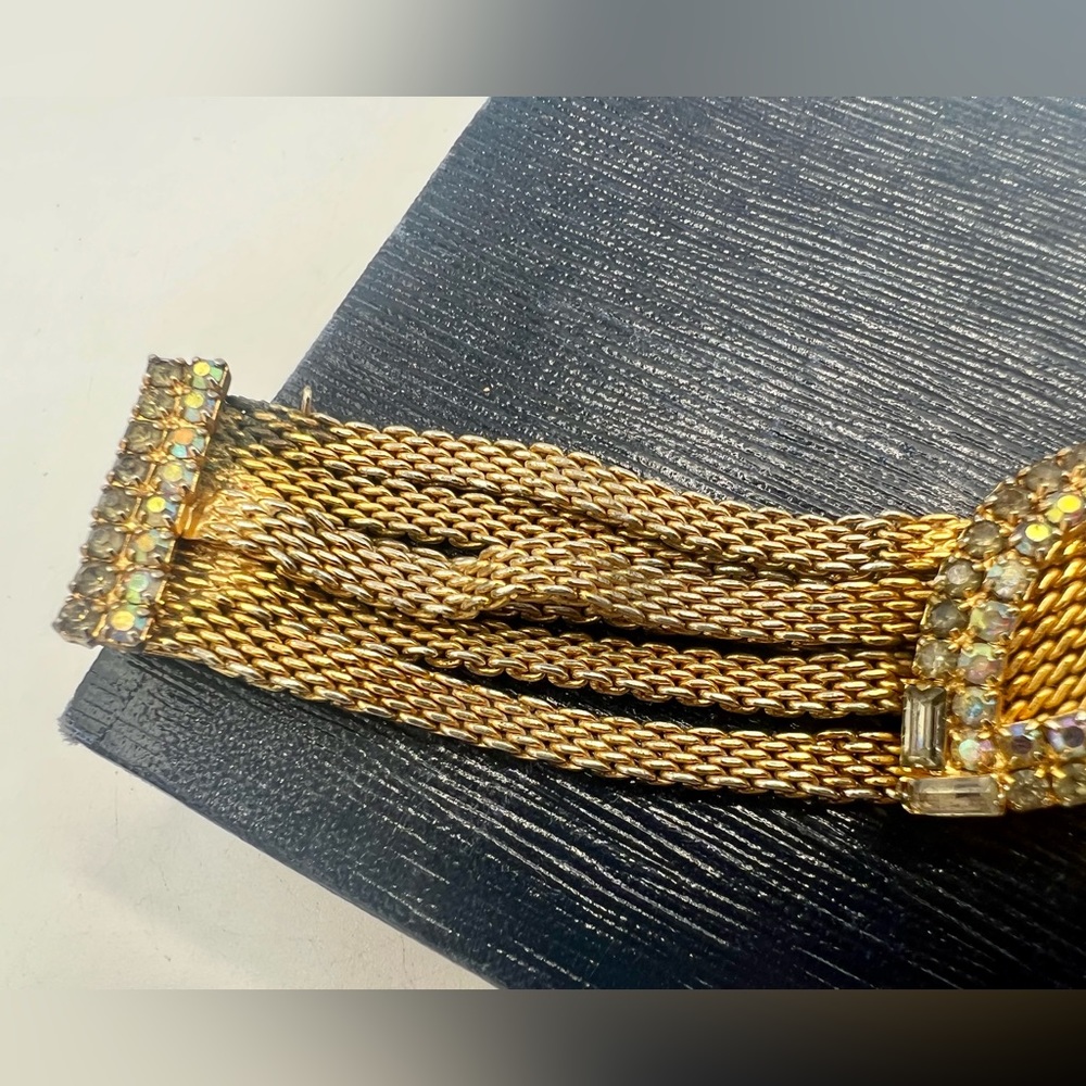 Rare vintage HOBE gold & AB rhinestone costume bracelet 7” multi strand chain - Picture 10 of 14